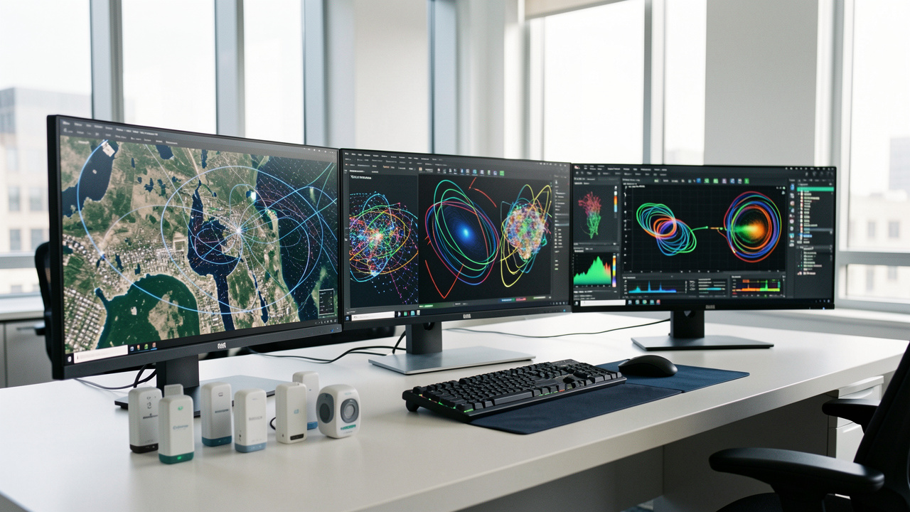 Bureau informatique moderne avec plusieurs écrans montrant des visualisations abstraites de données satellitaires, des capteurs compacts et une lumière naturelle.