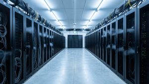 Salle de calcul haute performance avec de longues rangées de baies informatiques noires, des câbles réseau et un éclairage froid bleuté.