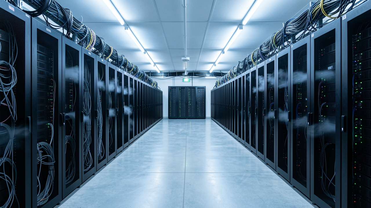 Salle de calcul haute performance avec de longues rangées de baies informatiques noires, des câbles réseau et un éclairage froid bleuté.